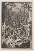 KG 11756
<br/>
Amsterdamse Schouwburg verjaagt losbandigheid.
<br/>
<em>Picart, Bernard (1673-1733)</em>